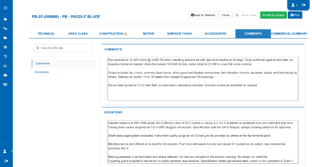 Fan Constructor deviations and comments screen for recording non standard requirements against an order item