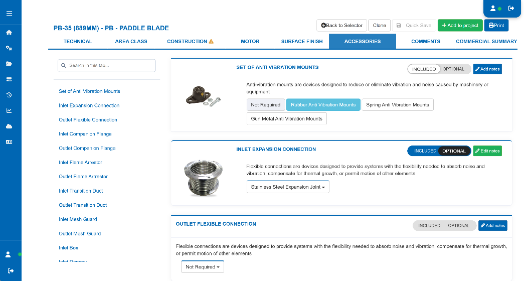 Fan Constructor specification page showing fan arrangement, orientation, discharge and drive configuration